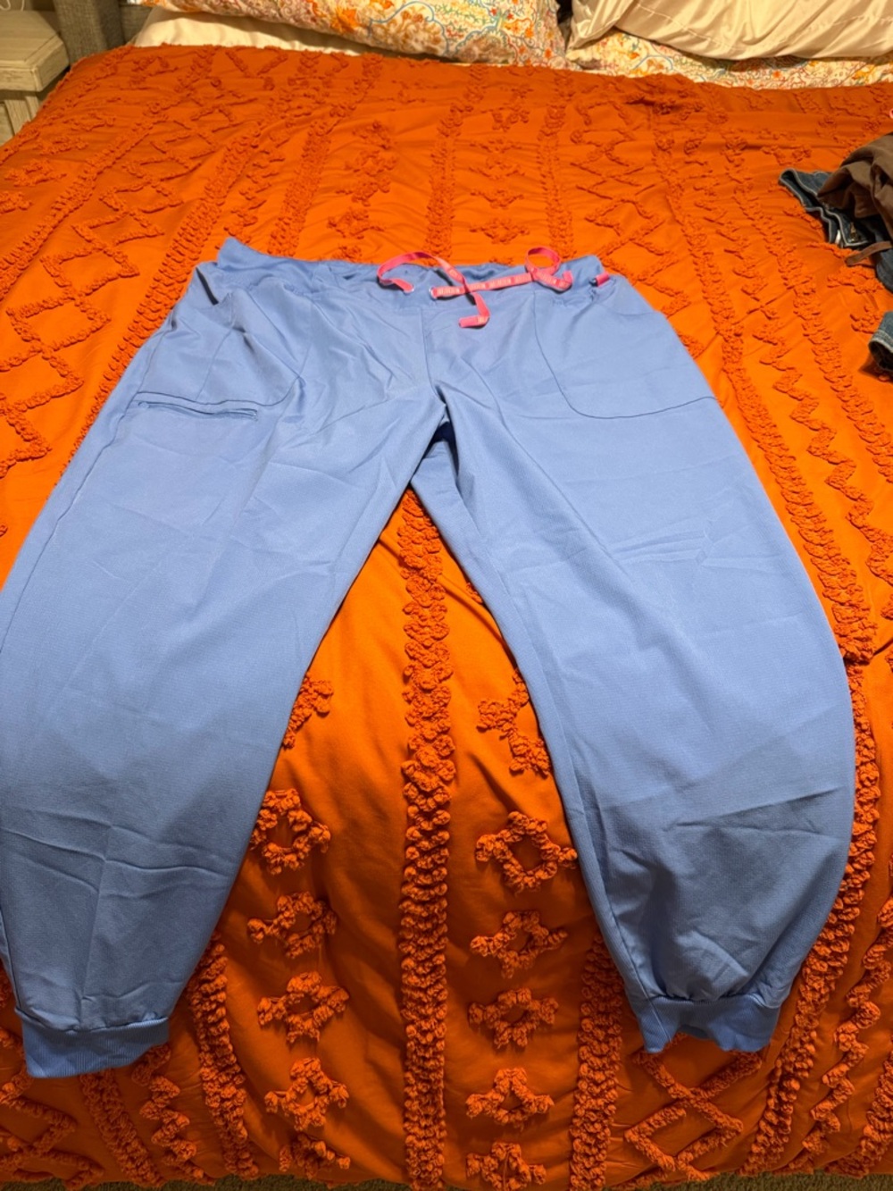 Med Couture Ceil Blue Jogger Scrub Pants with Pink Drawstring